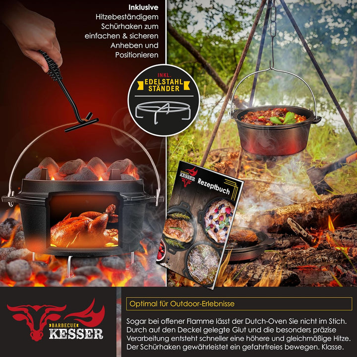 KESSER® Dutch Oven Set BBQ 12 Liter, Feuertopf Schmortopf mit Edelstahluntersetzer, Gusseisen Topf m