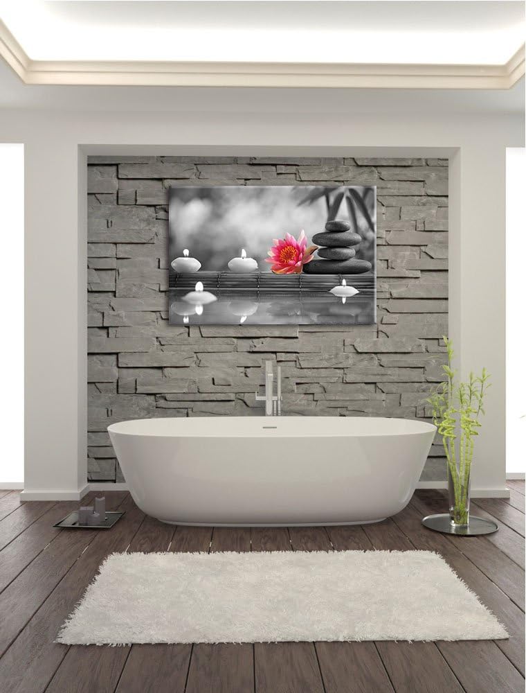 Seerose neben Zen Steinen und Kerzen schwarz/weiss Format: 100x70 auf Leinwand, XXL riesige Bilder f