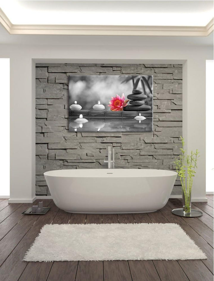 Seerose neben Zen Steinen und Kerzen schwarz/weiss Format: 100x70 auf Leinwand, XXL riesige Bilder f