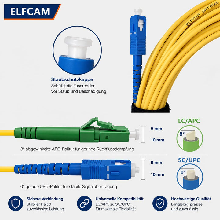 Elfcam® - 40m LWL Glasfaser-Kabel LC/APC auf SC/UPC Stecker, Simplex Singlemode 9/125μm OS2 Patchkab