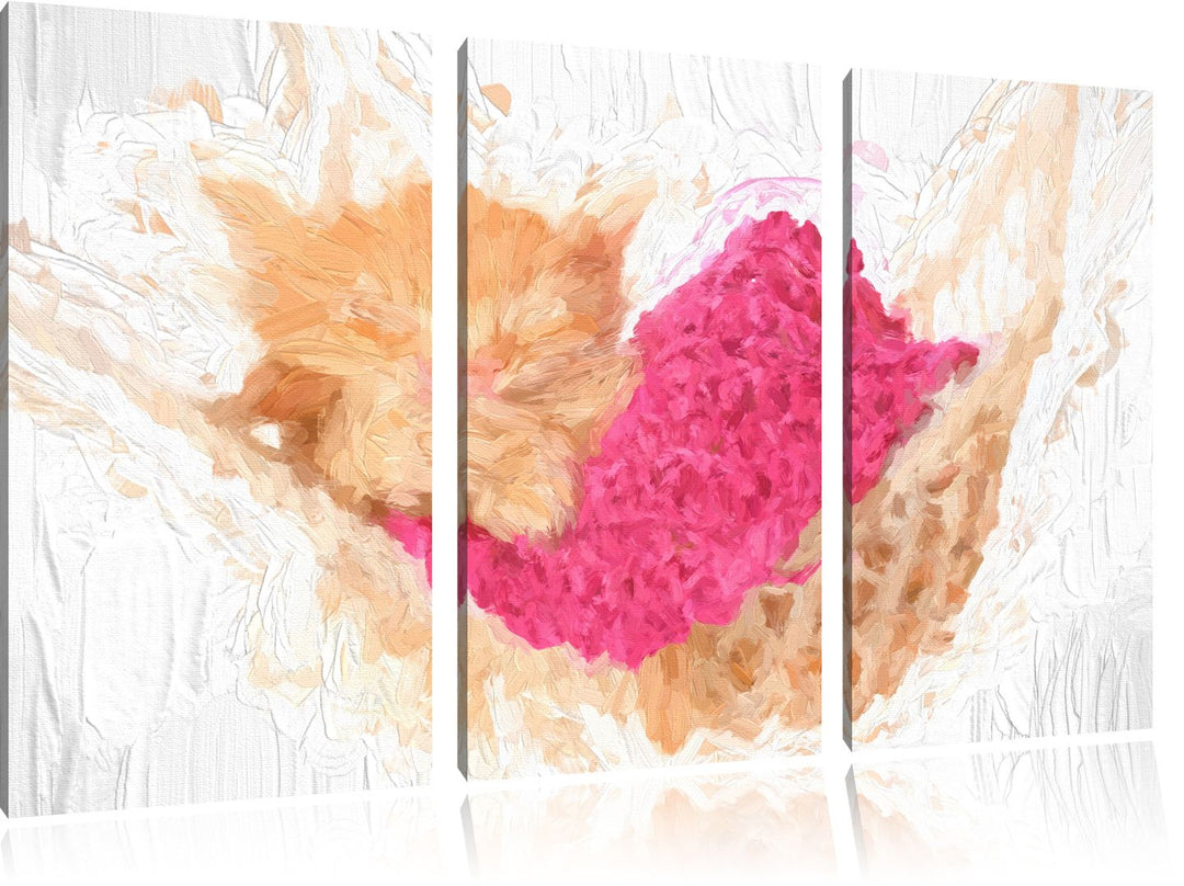 Pixxprint Schlafendes Katzenbaby in Hängematte Pinsel Effekt 3-Teiler Leinwandbild 120x80 Bild auf L