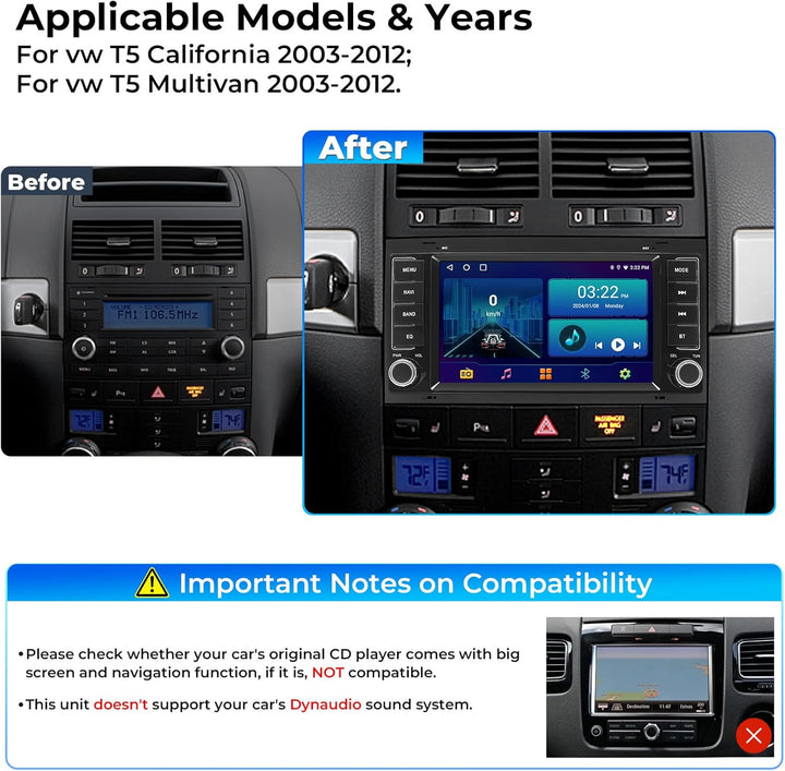 Autoradio für VW T5 California/Multivan 2003-2012, 7-Zoll-Radio-Stereoanlage 2G+32G Head Unit mit Wi