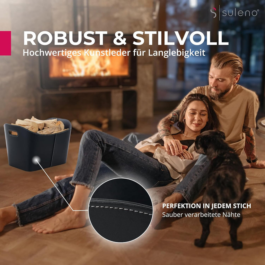 SULENO Holzkorb WEXFORD Brennholzkorb Kunstleder schwarz (XL - 46 x 40