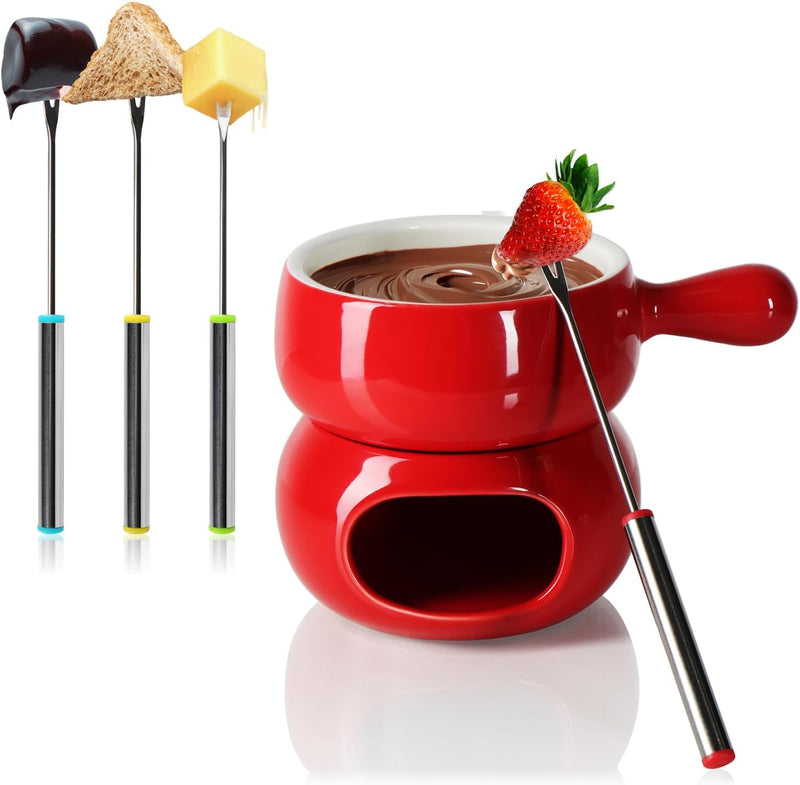 com-four® Schokoladen-Fondue-Set - Keramikschale mit Teelichthalter und 4 Gabeln - Schmelztopf für S