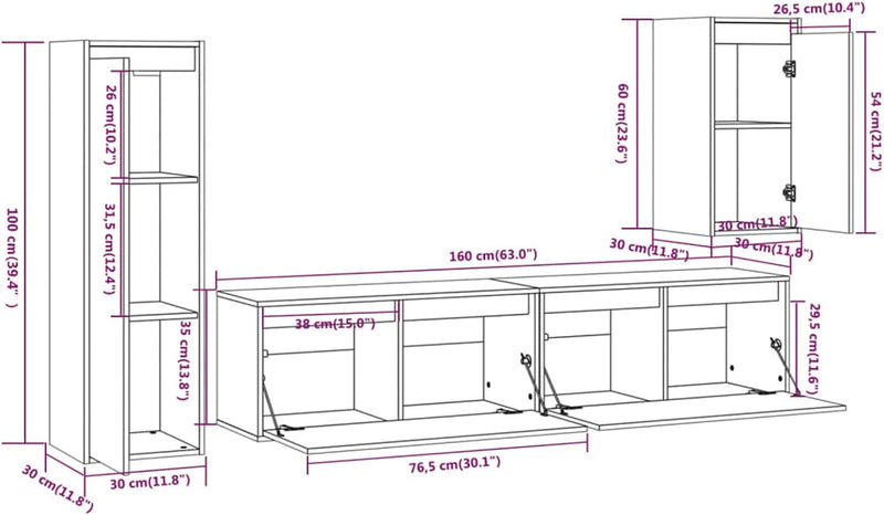 Tidyard TV-Schränke 4 STK.TV Set Wohnwand TV Schrank Hängeregal Kommode Sideboard Couchtisch TV Lowb