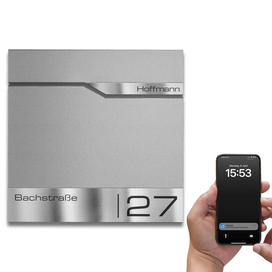 Metzler® Briefkasten mit App-Benachrichtigung und Zeitungsfach aus Edelstahl in Graualuminium RAL 90