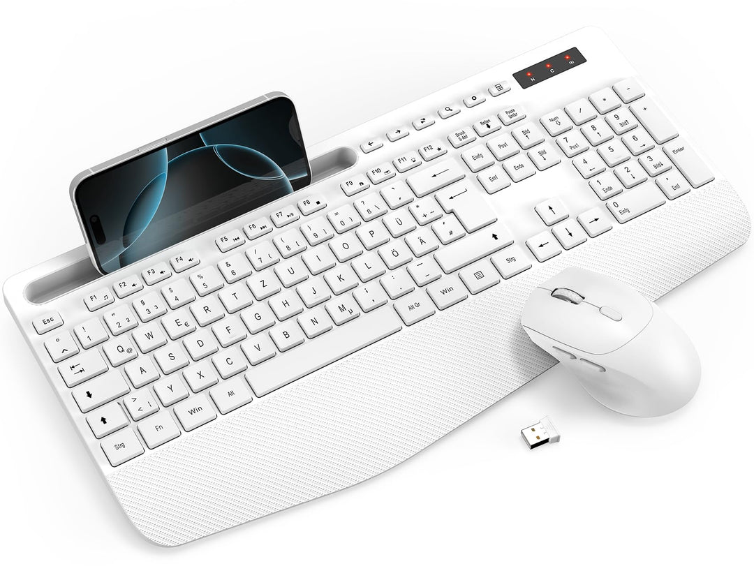 Tastatur Maus Set Kabellos, Ergonomische Tastatur in Voller Grösse mit Handgelenkauflage, Telefonhal