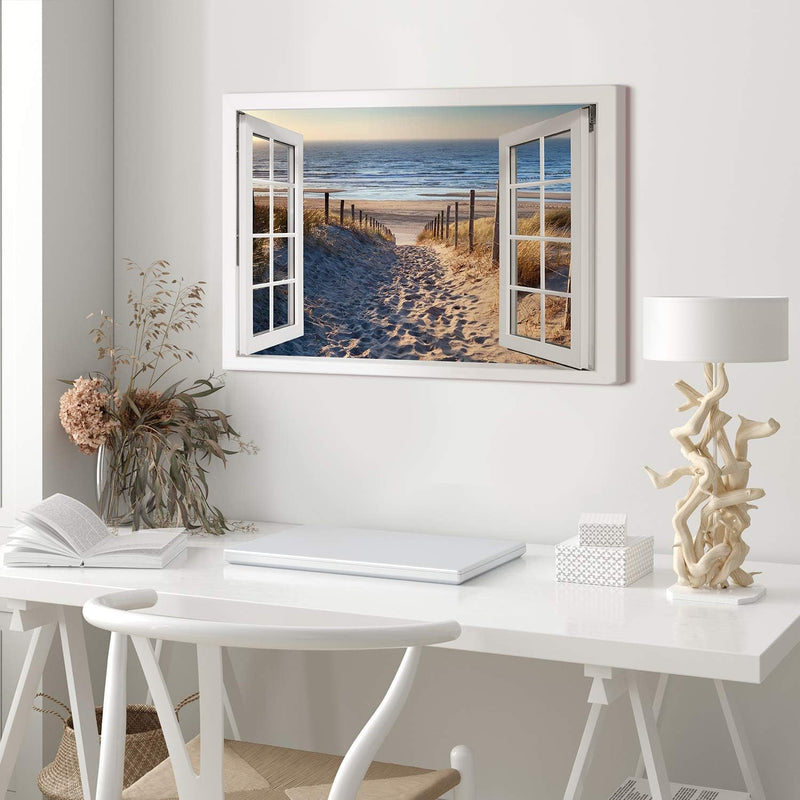 PICANOVA – Bild auf Leinwand Weg zum Meer Fenster 60x40cm – Leinwandbild – Premium Leinwanddruck – W