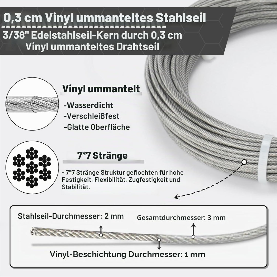 TooTaci Drahtseil 3mm Edelstahl, 20M Edelstahl Stahlseil Ummantelt aus PVC, Stahlseil mit ösen, M3 D
