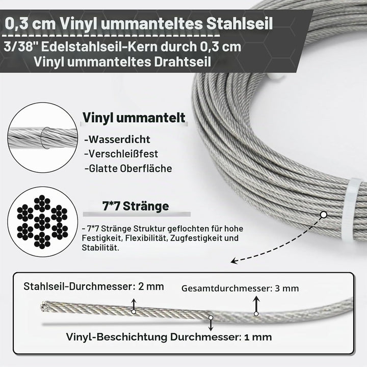 TooTaci Drahtseil 3mm Edelstahl, 20M Edelstahl Stahlseil Ummantelt aus PVC, Stahlseil mit ösen, M3 D