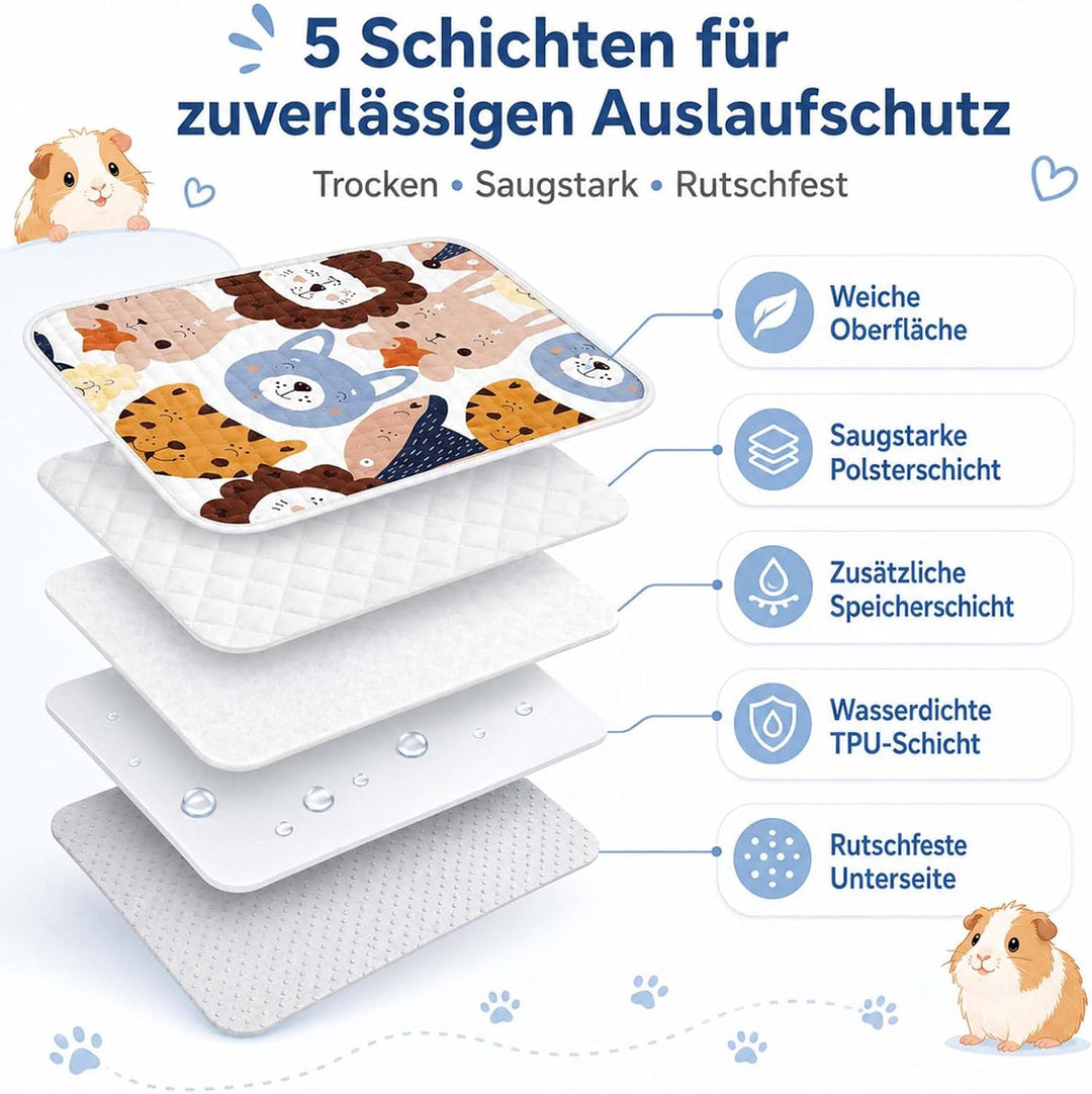 4 Stück 70 x 50 cm Pipipads für Meerschweinchen, auslaufsicher | waschbar, saugstark, wiederverwendb