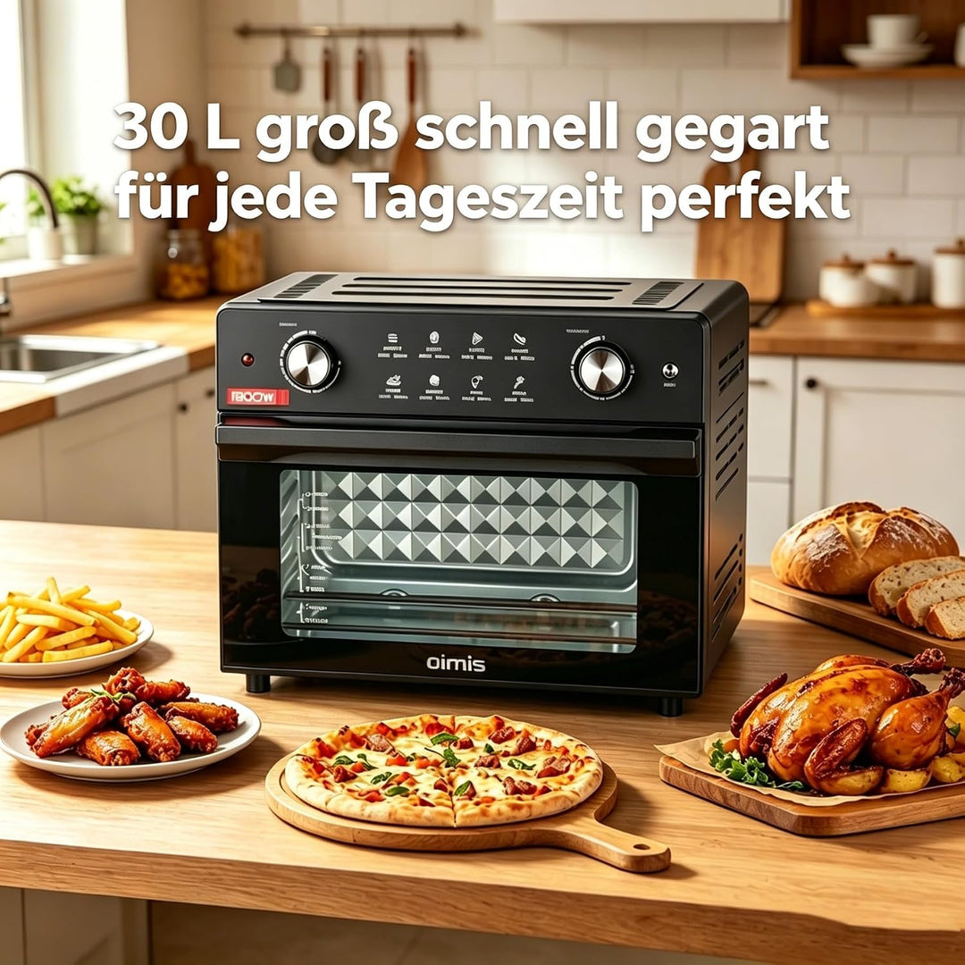 Heissluftfritteuse 30-230℃, 30L 1800W, 8-in-1 Airfryer mit Deutsche Rezepte | Abnehmbare Glastür, 18