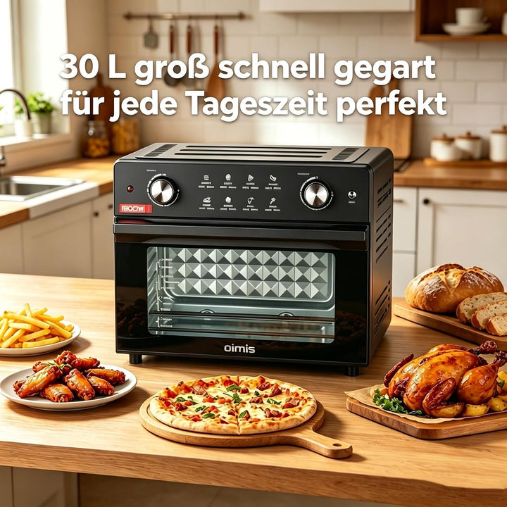 Heissluftfritteuse 30-230℃, 30L 1800W, 8-in-1 Airfryer mit Deutsche Rezepte | Abnehmbare Glastür, 18