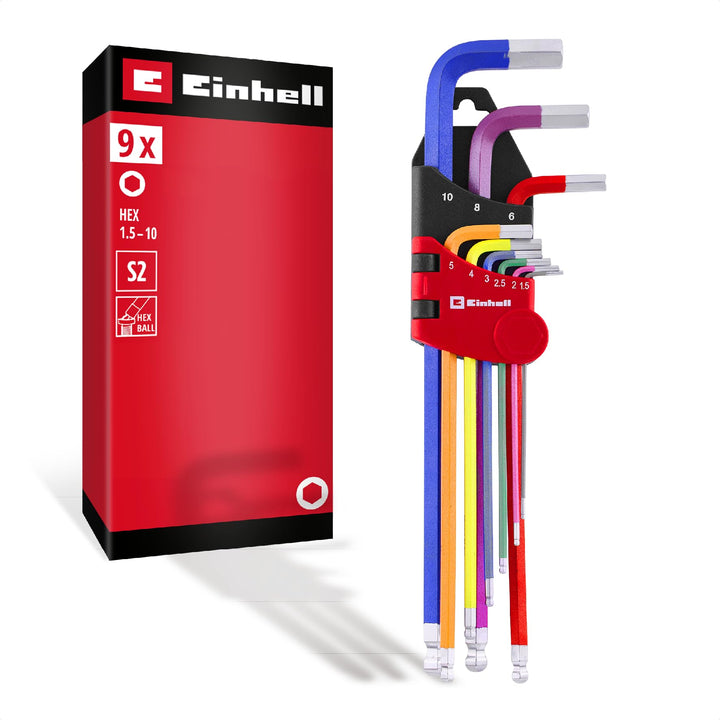 Original Einhell Innensechskantschlüssel-Set 9-tlg. (S2-Stahl, Kugelkopf, doppelte Kopfform, Schlüss