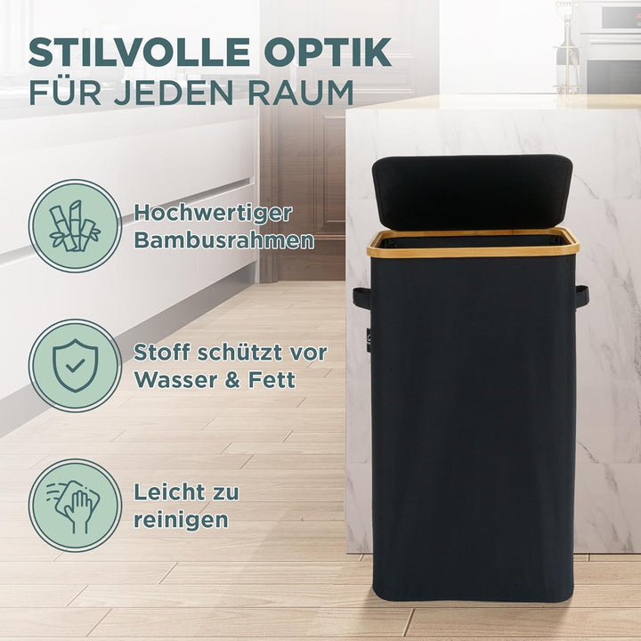 Müllsackhalter 90 Liter, moderner Stoff mit Bambusrahmen, Müllsackständer 90L, Mülleimer Mülltone ge
