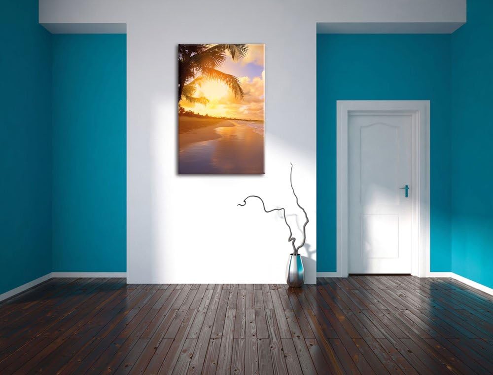 Pixxprint Strand Meer Sonnenuntergang Steine Sand, Format: 100x70 auf Leinwand, 100x70