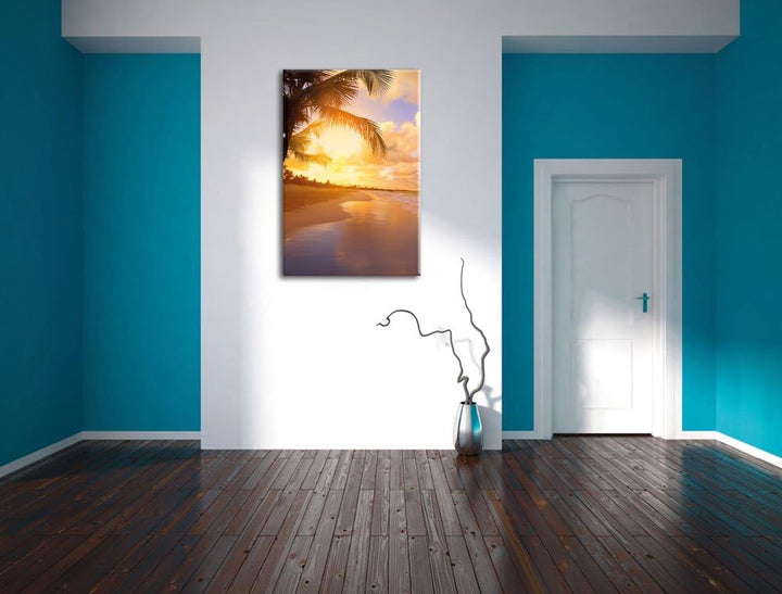 Pixxprint Strand Meer Sonnenuntergang Steine Sand, Format: 100x70 auf Leinwand, 100x70