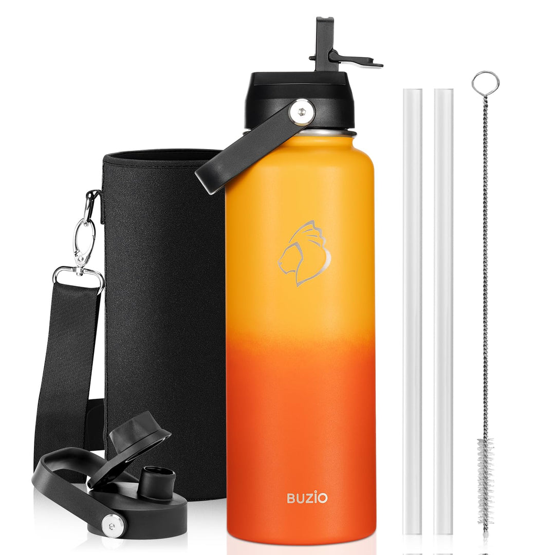 BUZIO 1,2L Edelstahl Trinkflasche isoliert mit Strohhalm &amp; Ausgussdeckel | Grosse Wasser-Thermoflasc