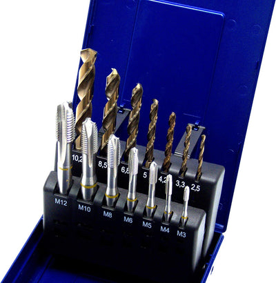 WSH-TOOLS Maschinengewindebohrer Set 14-teilig M3 - M12 HSSE-Co5 DIN 371 Durchgangsloch Gelbring ink