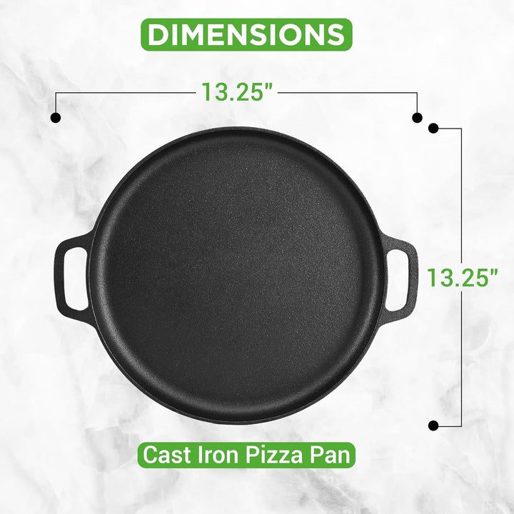 NutriChef Flache Gusseisen-Pizza-Pfanne, 33 cm, vielseitige, voreingebrannte runde Grillplatte mit i