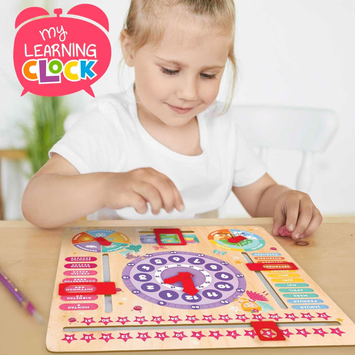 CRAZE My Learning Clock Princess - Lernuhr für Kinder aus Holz, Kalenderuhr zum Lernen für Kinder, L