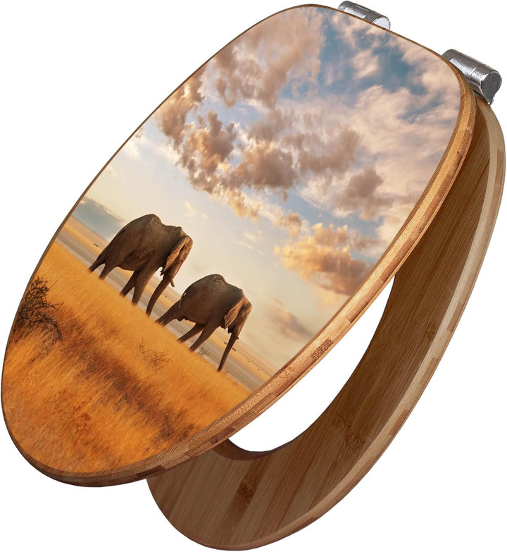 banjado® Design WC Sitz Bambus Absenkautomatik mit Motiv Elefanten/Toilettendeckel mit Absenkautomat