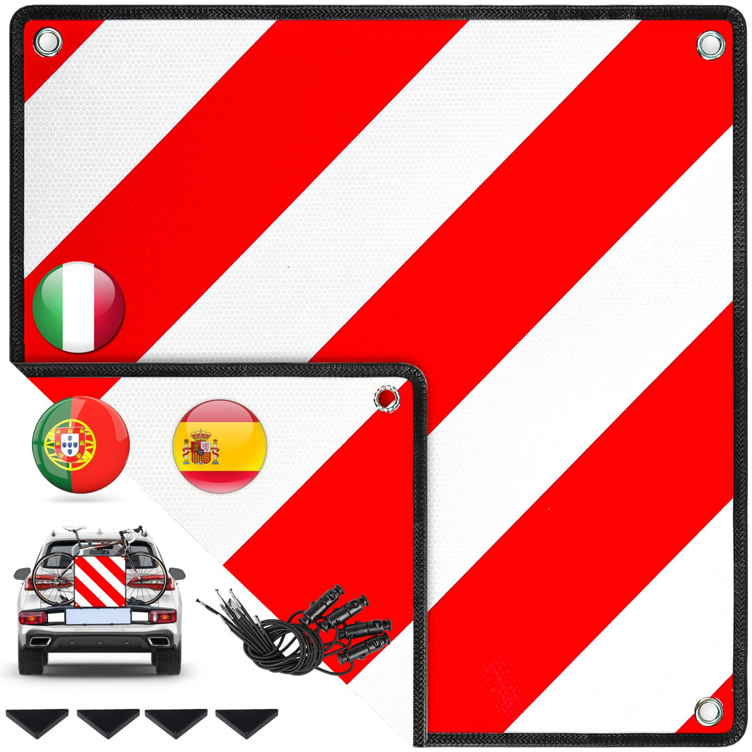 Aluminium Warntafel 3in1 Italien, Spanien & Portugal - inkl. 4x Spanngurte + Schutzecken, 50x50cm Re