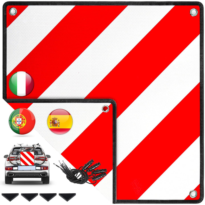 Aluminium Warntafel 3in1 Italien, Spanien & Portugal - inkl. 4x Spanngurte + Schutzecken, 50x50cm Re