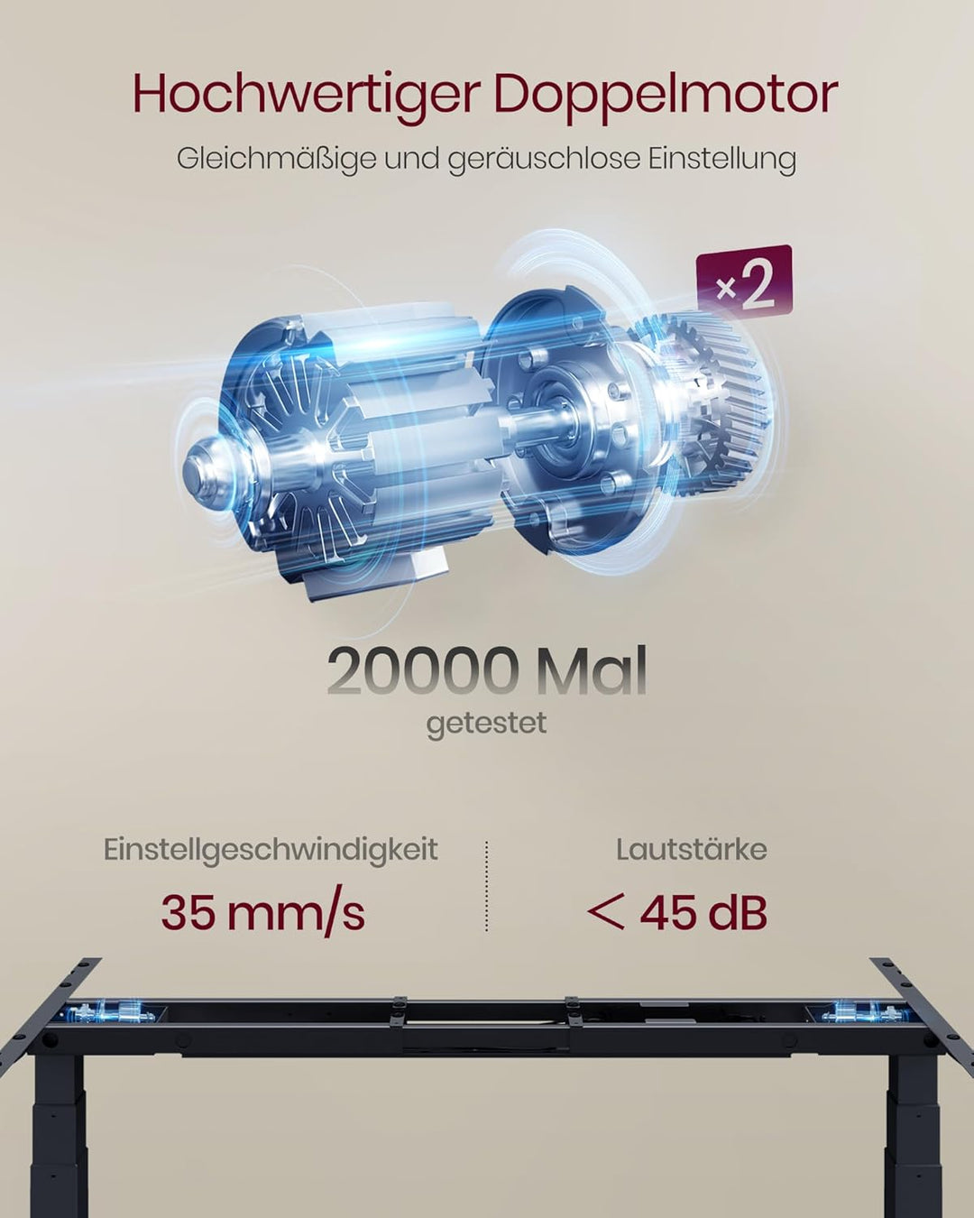 VASAGLE Höhenverstellbarer Schreibtisch elektrisch, Tischgestell, Doppelmotor, 3-Fach Teleskopbeine,