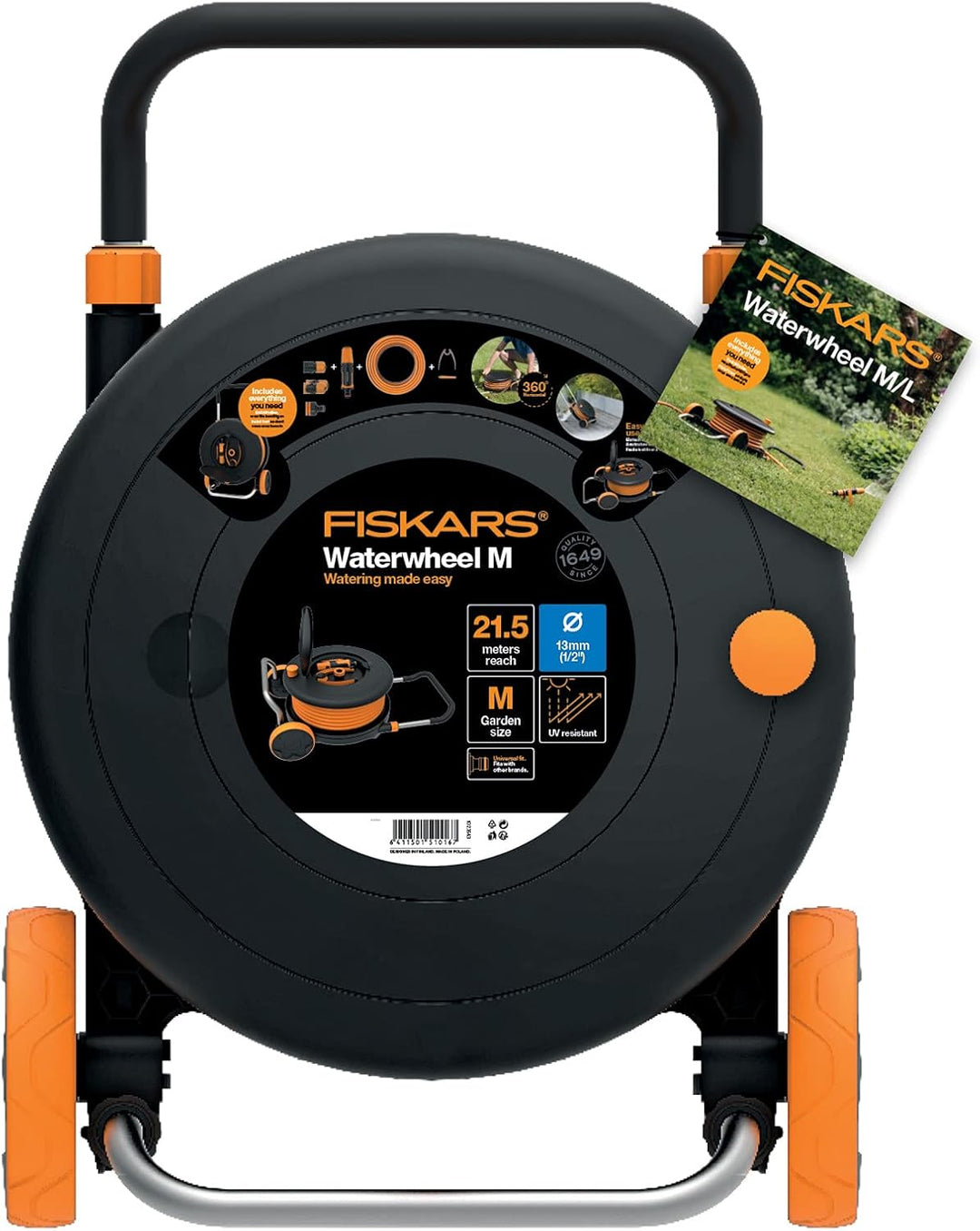 Fiskars Waterwheel M, All-Inclusive-Bewässerungs-Set, 21,5 m Gesamtreichweite, Gartenschlauch in Uni