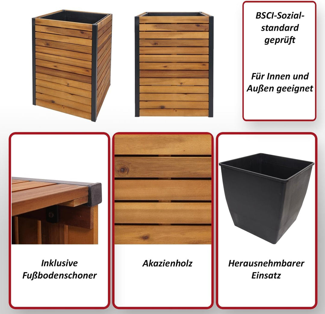 Pflanzkasten HWC-L23, Hochbeet Blumenkasten, Outdoor Akazie Holz FSC®-Zertifiziert Aluminium - 60x42