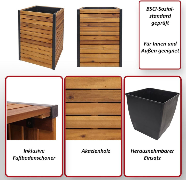 Pflanzkasten HWC-L23, Hochbeet Blumenkasten, Outdoor Akazie Holz FSC®-Zertifiziert Aluminium - 60x42