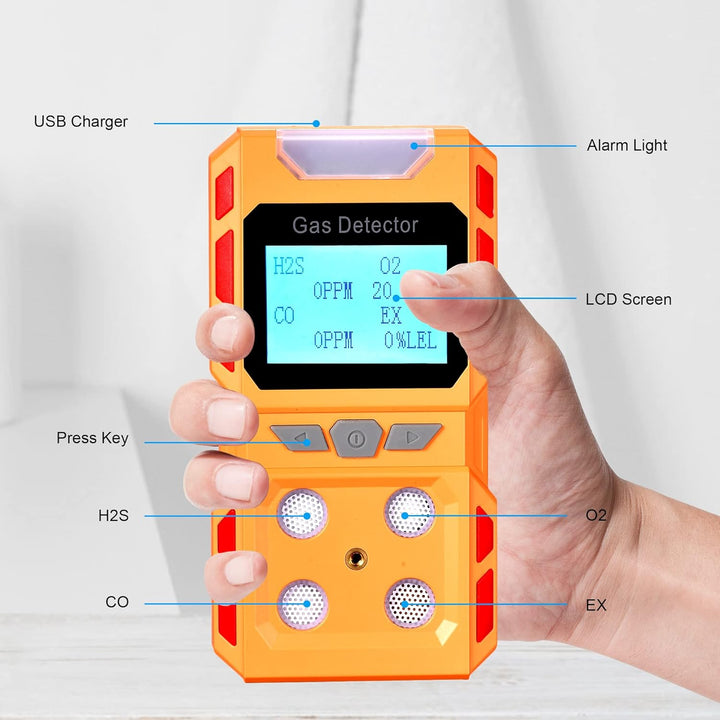 Scondaor Tragbarer 4-in-1-Gasmelder, tragbarer Gaslecksuchgerät mit digitaler LCD-Anzeige, 4-Gas Mes