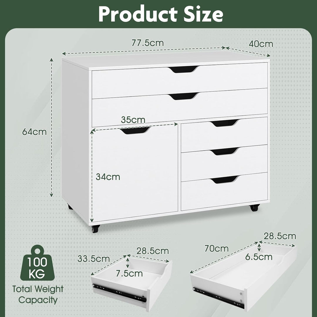 GIANTEX Rollcontainer mit 5 Schubladen & 1 Schrank, mobiler Aktenschrank mit 5 Rollen, Schubladensch