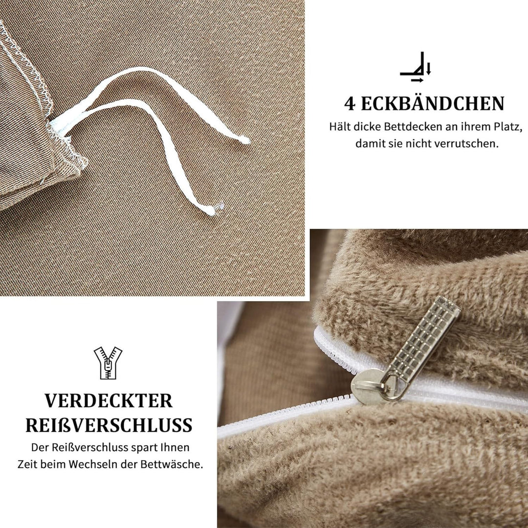 Freyamy Plüsch Bettwäsche 200x200cm 3Teilig Braun Flanell Flauschige Winterbettwäsche Samt Biber Cas