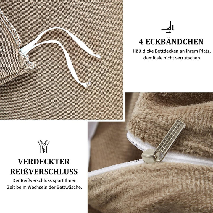 Freyamy Plüsch Bettwäsche 200x200cm 3Teilig Braun Flanell Flauschige Winterbettwäsche Samt Biber Cas
