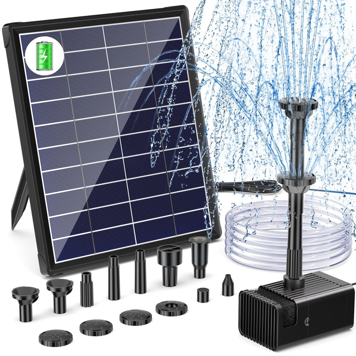 Biling 6W Solar Springbrunnen für aussen mit Akku, 10 Fontänenstilen und mit 3000 mAh Batterie Solar