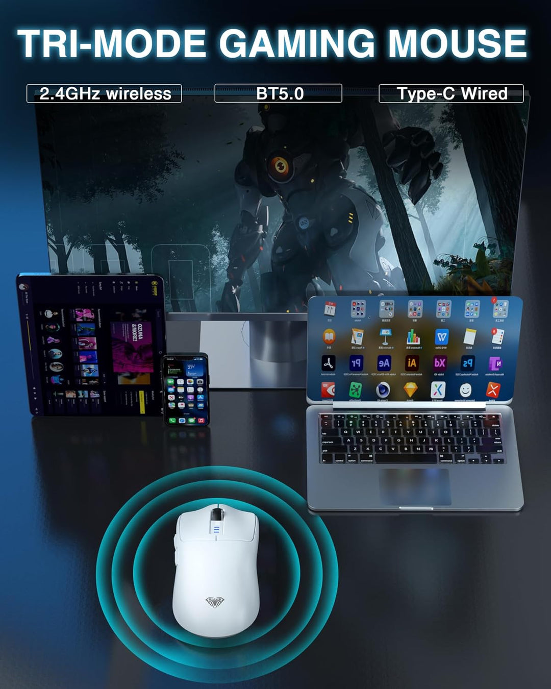 AULA SC580 Gaming Maus Kabellos,2.4GHz/USB-C/BT Wireless Gaming Mouse,12000DPI,6 Programmierbare Tas