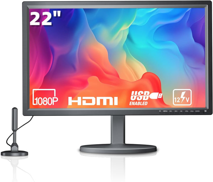 DESOBRY 1080P 22 Zoll Mini Fernseher, HDMI USB AV-Eingang, Kleiner Fernseher mit Antenne und DVB-T2-