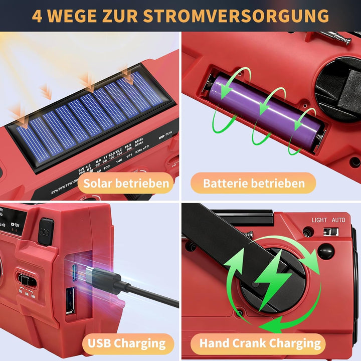 Kurbelradio 4000mAh Notfallradio mit Solar, Bewegungsempfindlicher Radio mit kurbel AM/FM/SW,LED-Tas