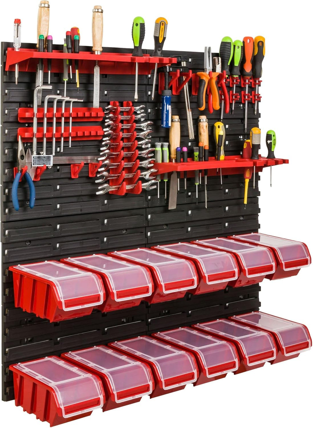 Lagersystem Werkstattregal | 78 x 78 cm | 12 stck. Box | Wandregal mit Werkzeughalterungen und Stape