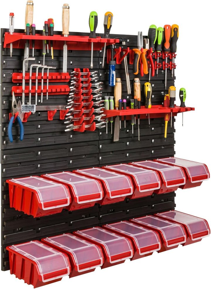 Lagersystem Werkstattregal | 78 x 78 cm | 12 stck. Box | Wandregal mit Werkzeughalterungen und Stape