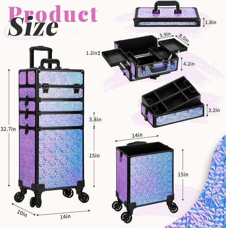 Arous 5-in-1-Kosmetik-Trolley mit Rollen, Abschliessbar, für Reisen, Friseure, Künstler, Nägel, Viol
