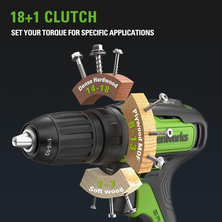 Greenworks 24 V Akku-Bohrschrauber, 35 Nm, Bürstenloser Motor, 18 Stufen Drehmomentstufen, 13 mm-Boh