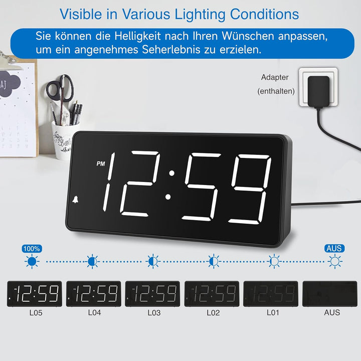 Eachui LED Wecker Digital mit Grossen Zahlen, Wecker mit Ladestation, Helligkeit und Lautstärke Rege