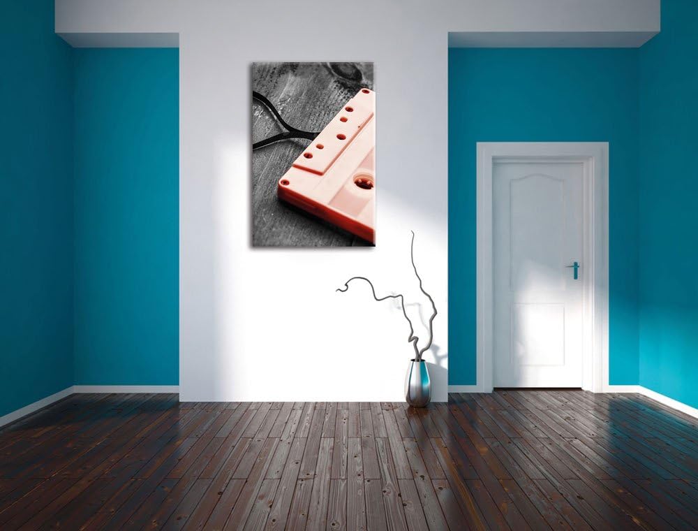 Pixxprint Retro Kasette mit Herz schwarz/weiss, Format: 80x120 auf hochkantiges Leinwand, XXL riesig