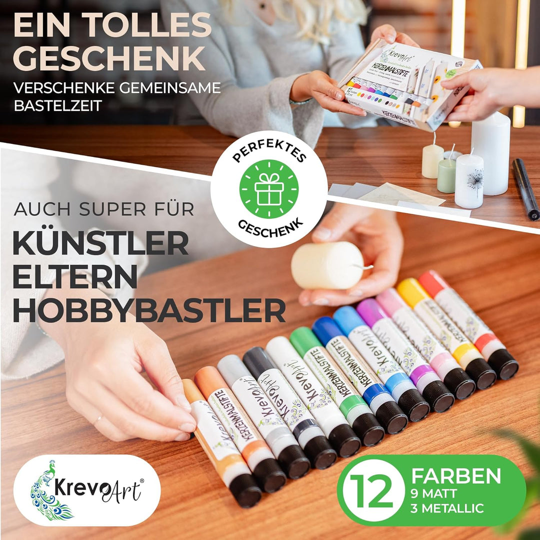 Krevo Art Kerzenmalstifte Set – 12x30ml brillante Farben für kreative Kerzenkunst – Candle Pen & Ker