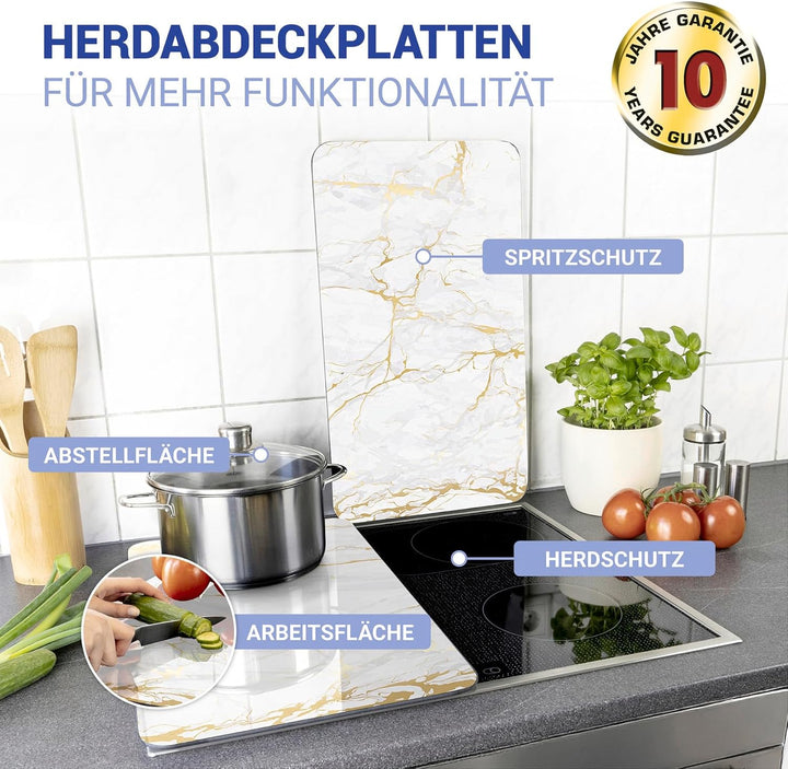 WENKO Herdabdeckplatte Universal Marmor Gold, 2er Set Herdabdeckung für alle Herdarten, Gehärtetes G