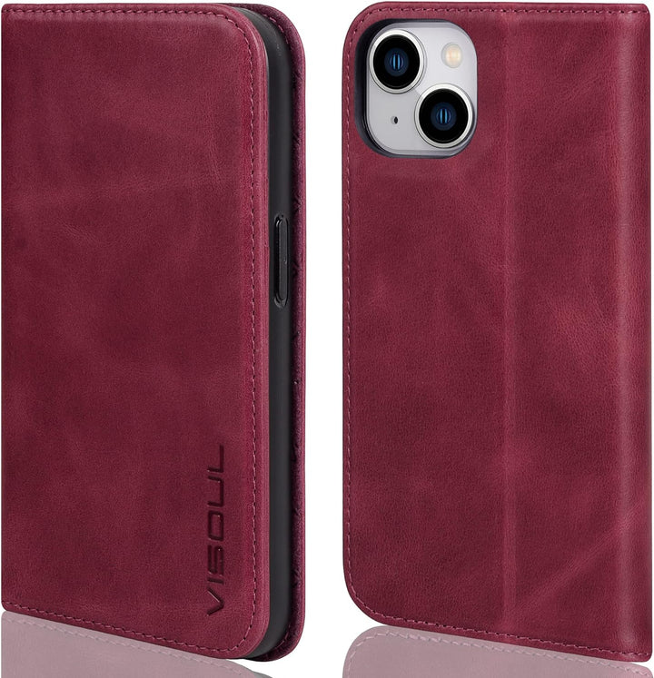 VISOUL iPhone 14 Plus Hülle, Stossfeste Handyhülle [Erstklassiges Rindsleder], TPU Schutzhülle [Kart