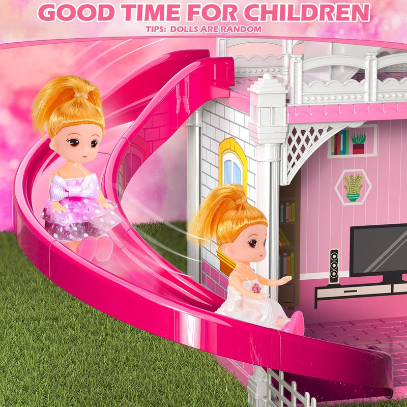 Doloowee puppenhaus Mädchen Traumspielzeug Möbel Rosa Mädchen Spielzeug, 2-Stories 3 Zimmer Puppenha